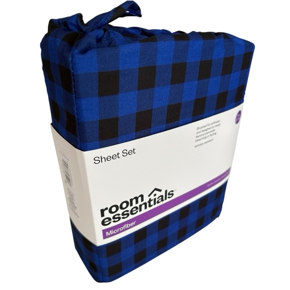 Twin XL Blue, Black Gingham Sheet Set Dorm - Picture 1 of 9